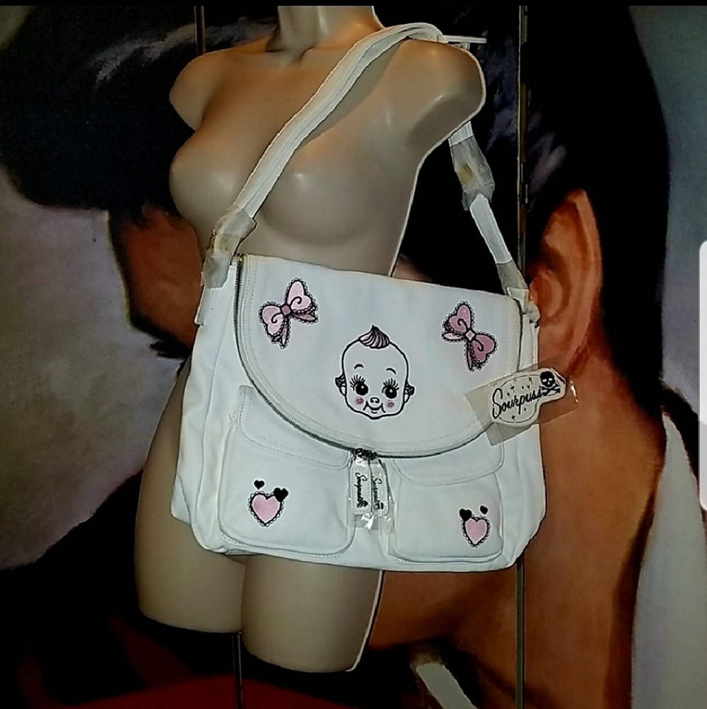 Sourpuss Nomad 1920's Kewpie Doll Baby Pink Bows Hearts Purse Vegan Leather Bag - Picture 4 of 15